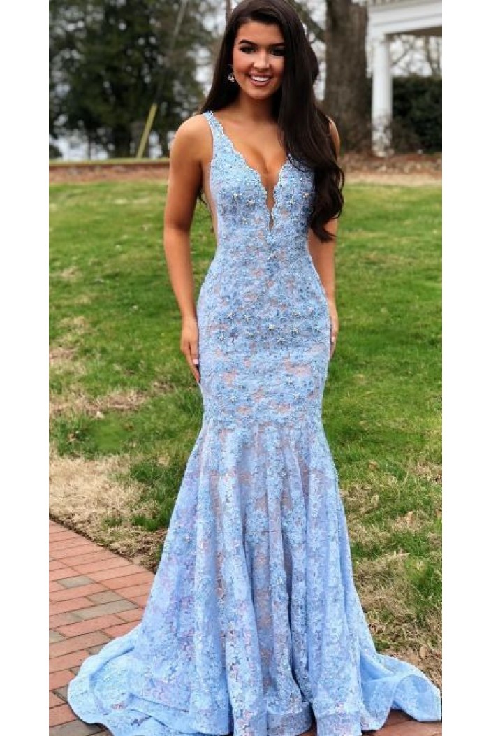 Mermaid Lace V-Neck Long Prom Dresses Formal Evening Gowns 601902