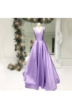 A-Line V-Neck Long Satin Prom Dresses Formal Evening Gowns 601921