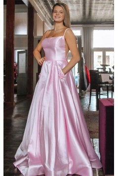 A-Line Spaghetti Straps Satin Long Prom Dresses Formal Evening Gowns 601927