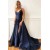 A-Line Long Navy Satin V-Neck Prom Dresses Formal Evening Gowns 601930