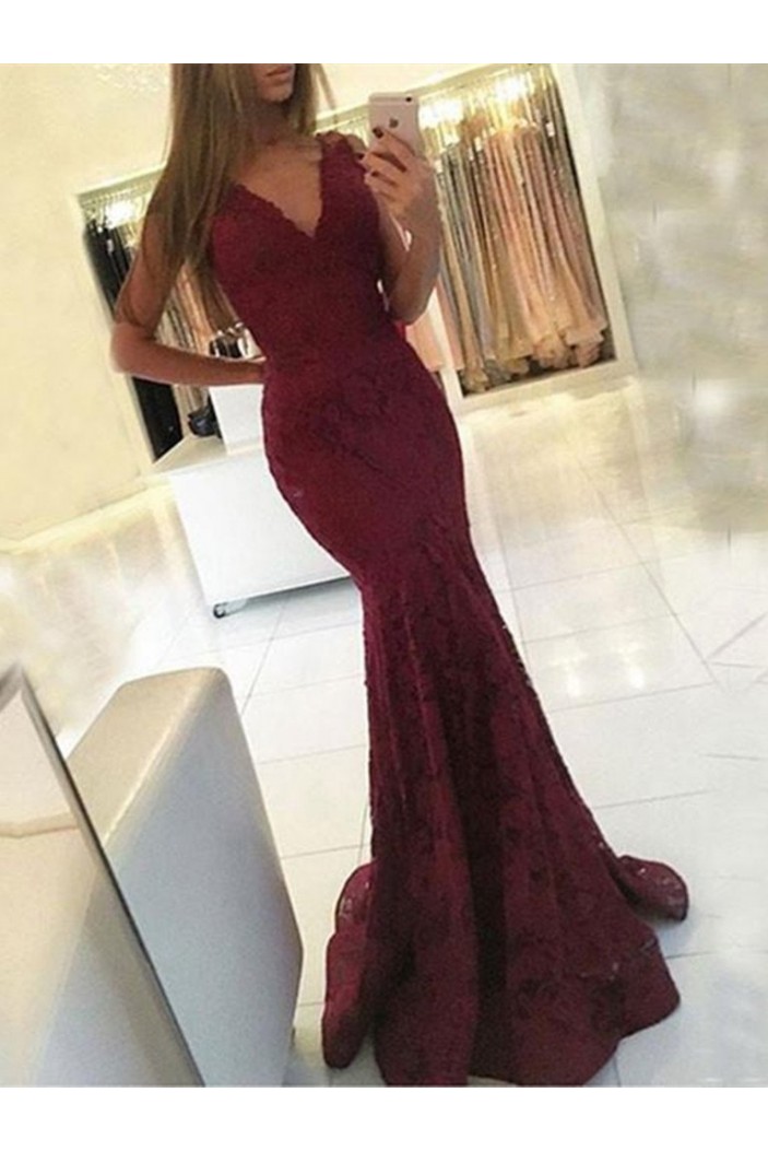 Mermaid Lace V-Neck Long Prom Dresses Formal Evening Gowns 601939