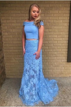 Elegant Two Pieces Off-the-Shoulder Lace Appliques Long Prom Dresses Formal Evening Gowns 601940