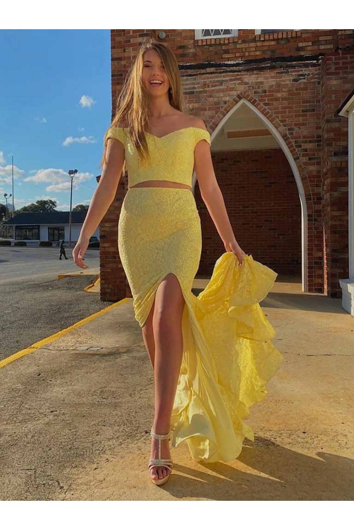 Long Yellow Two Pieces Lace Prom Dresses Formal Evening Gowns 601957