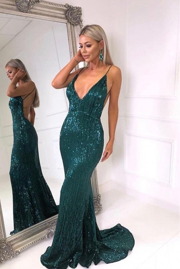 Mermaid Sequins V-Neck Long Prom Dresses Formal Evening Gowns 601986