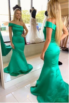 Mermaid One-Shoulder Long Green Satin Prom Dresses Formal Evening Gowns 601987