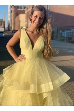 A-Line Long Yellow V-Neck Prom Dresses Formal Evening Gowns 601994