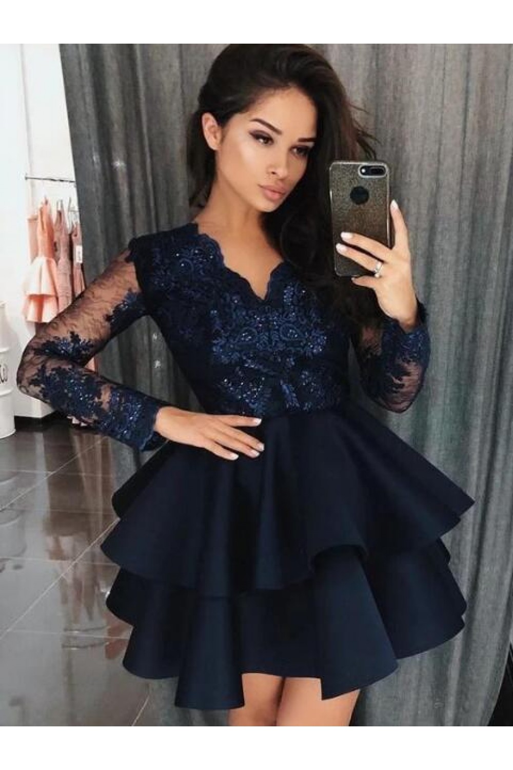 Long Sleeves Lace Short Prom Dress Homecoming Dresses Graduation Party ...