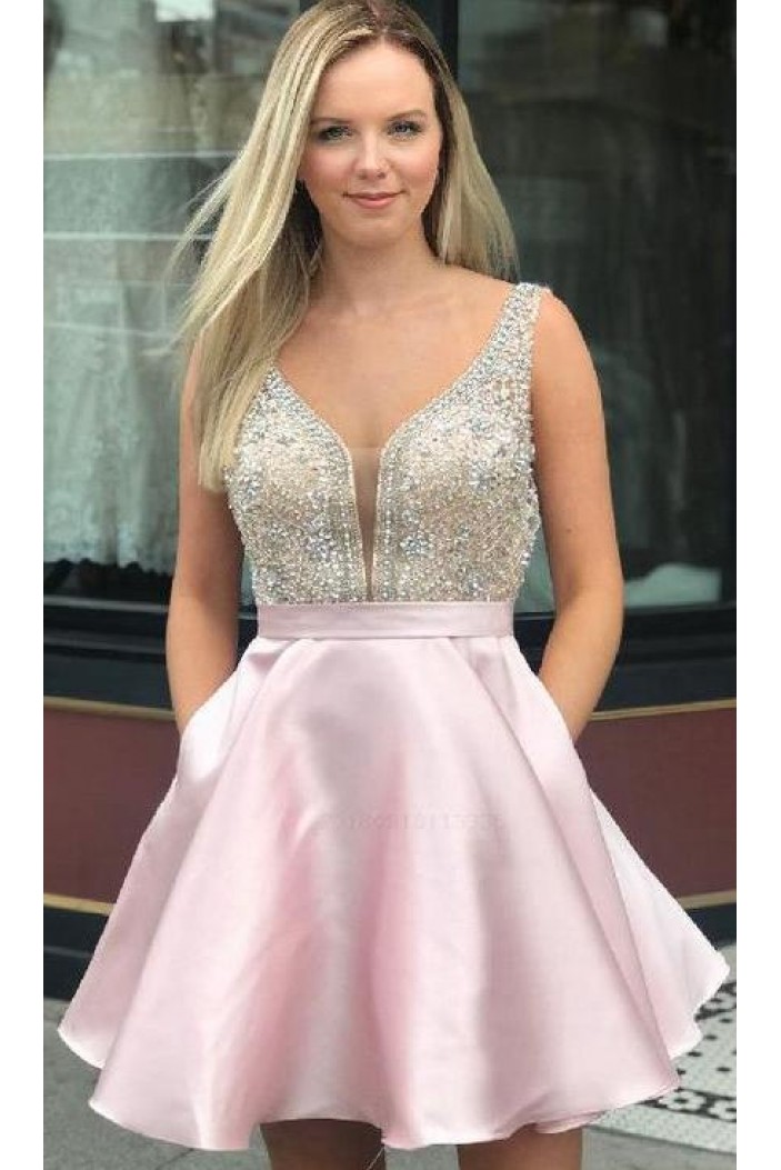 Short Pink Beaded Prom Dress Homecoming Dresses Graduation Party Dresses 701015