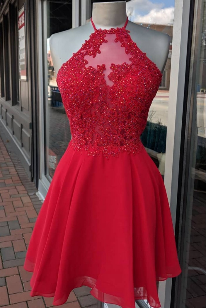Short Red Beaded Lace Prom Dress Homecoming Dresses Graduation Party Dresses 701029