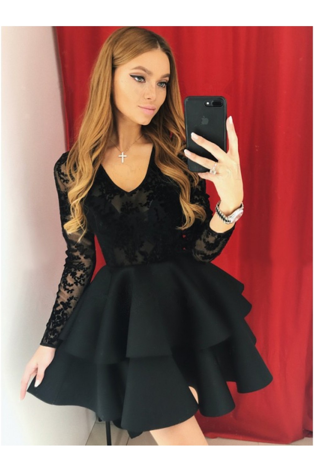 Short Black Lace Prom Dress With Sleeves