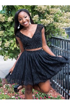 Short Black Lace Prom Dress Homecoming Graduation Cocktail Dresses 701206