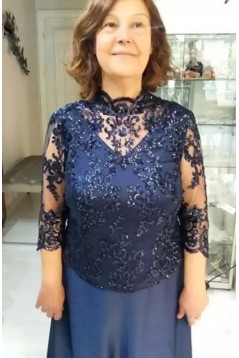 Elegant A-Line Navy Blue Lace Mother of the Bride Dresses with Sleeves 702107