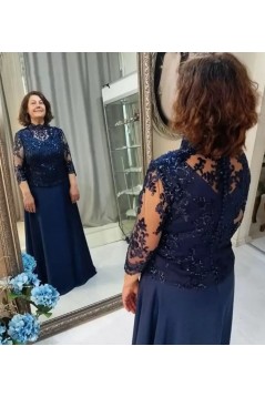 Elegant A-Line Navy Blue Lace Mother of the Bride Dresses with Sleeves 702107