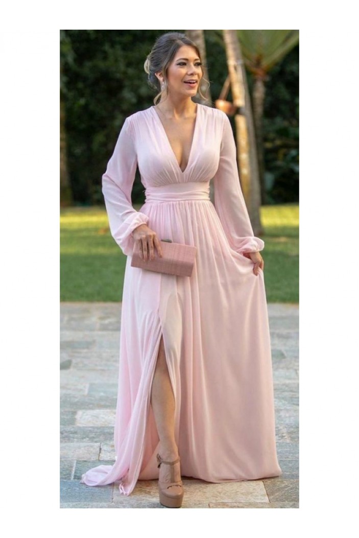 Elegant Pink Chiffon Long Sleeves V-Neck Mother of the Bride Dresses 702203