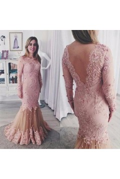 Long Pink Mermaid Lace Mother of the Bride Dresses with Long Sleeves 702219