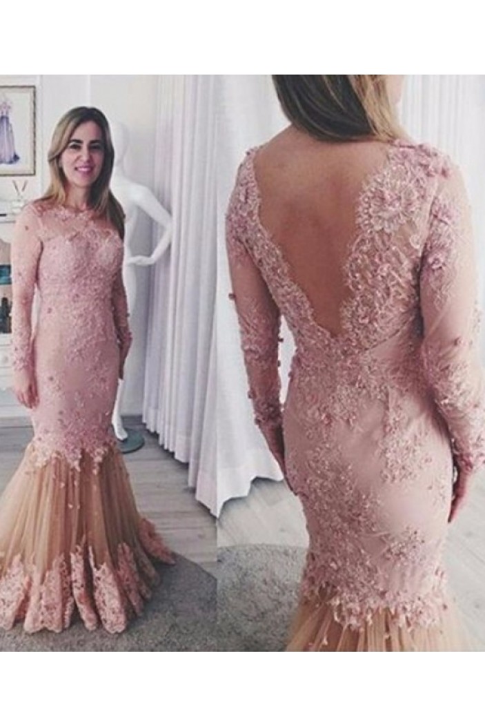 Long Pink Mermaid Lace Mother of the Bride Dresses with Long Sleeves 702219