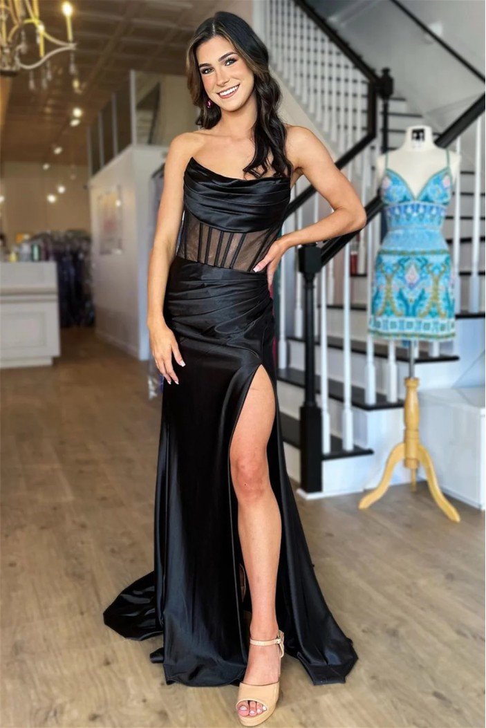 Long Black Strapless Mermaid Long Prom Dresses with Slit 801001