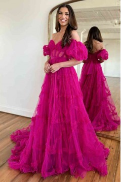 A-Line Long Pink Tulle Off the Shoulder Prom Dresses 801005