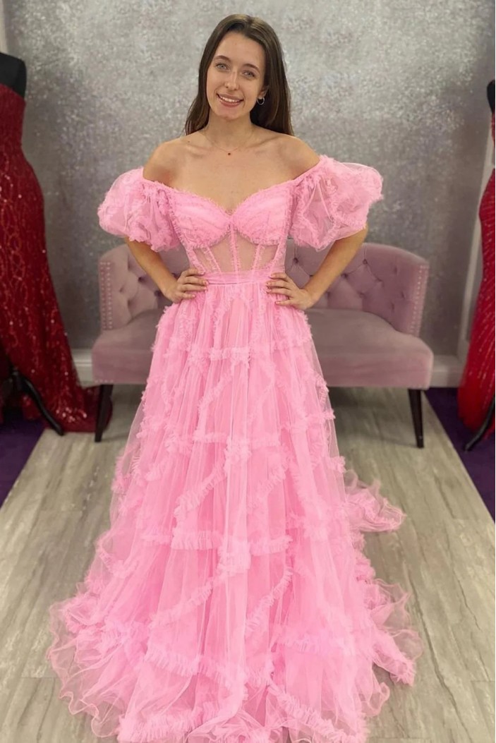 A-Line Long Pink Tulle Off the Shoulder Prom Dresses 801005