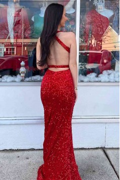 Long Red V Neck Mermaid Sequins Prom Dresses 801008