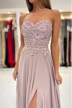 A-Line Sweetheart Chiffon and Lace Long Prom Dresses with Slit 801010