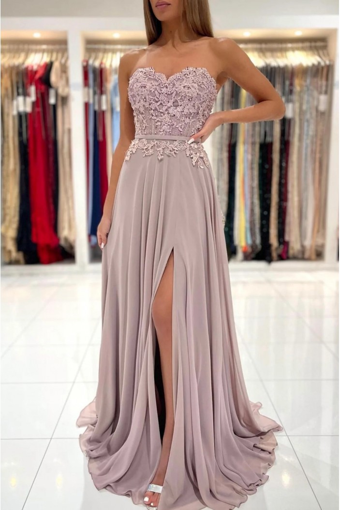 A-Line Sweetheart Chiffon and Lace Long Prom Dresses with Slit 801010