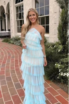 Long Blue Sleeveless Tulle Prom Dresses with Slit 801014