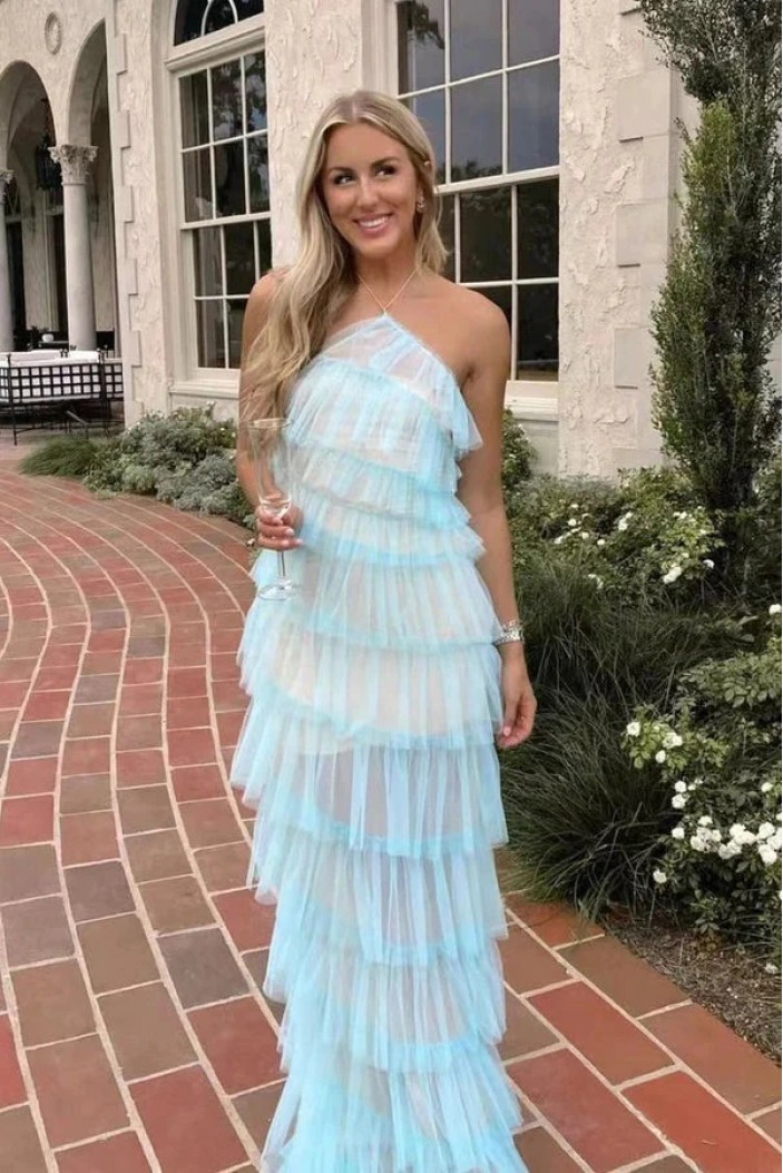 Long Blue Sleeveless Tulle Prom Dresses with Slit 801014
