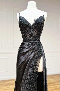 Long Black Spaghetti Straps Lace Prom Dresses with Slit 801022