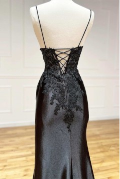 Long Black Spaghetti Straps Lace Prom Dresses with Slit 801022