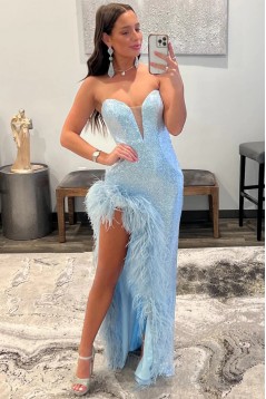 Light Blue Sequins Sweetheart Long Prom Dresses with Feathers 801024