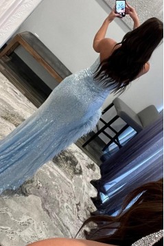 Light Blue Sequins Sweetheart Long Prom Dresses with Feathers 801024