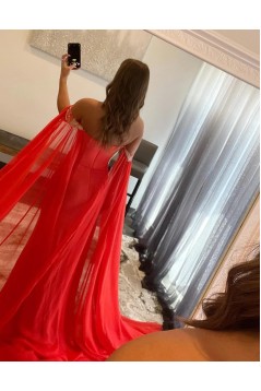 Long Red Chiffon and Lace Prom Dresses 801027