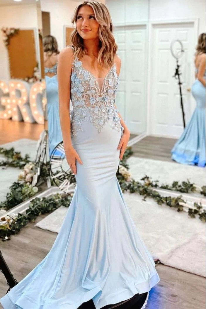 Long Light Blue Mermaid Lace Prom Dresses 801038