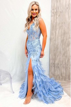 Long Blue Mermaid Lace Prom Dresses 801043
