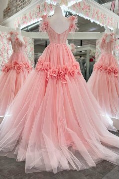 A-Line Long Pink Lace and Tulle Prom Dresses 801044