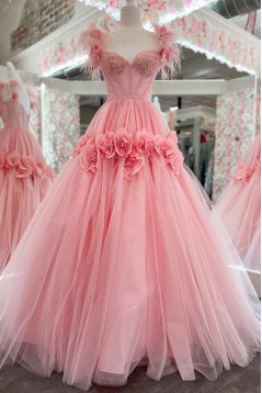A-Line Long Pink Lace and Tulle Prom Dresses 801044