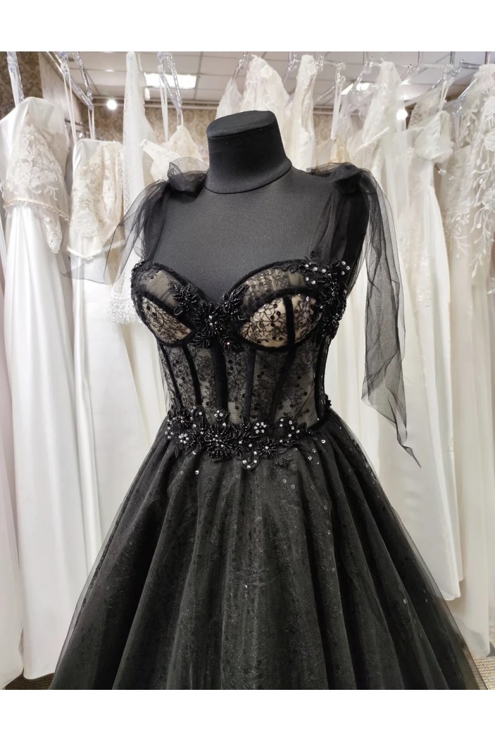 Long Black Beaded Lace and Tulle Prom Dresses 801062