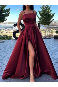 Long Red Spaghetti Straps Satin Prom Dresses with Pockets 801068