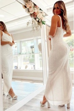 Simple White Sequin Prom Dresses with Slit 801090