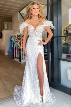 Long White Lace Off the Shoulder Prom Dresses 801093
