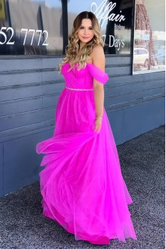 A-Line Fuchsia Tulle Off the Shoulder Long Prom Dresses 801100