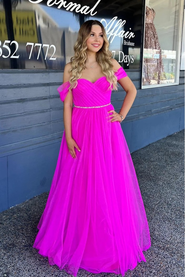 A-Line Fuchsia Tulle Off the Shoulder Long Prom Dresses 801100
