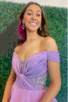 A-Line Off the Shoulder Beaded Purple Long Prom Dresses 801121