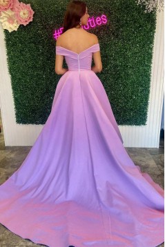 A-Line Off the Shoulder Beaded Purple Long Prom Dresses 801121