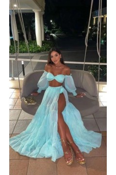 Light Blue Two Pieces Prom Dresses with High Slit 801143