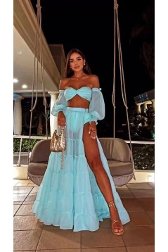 Light Blue Two Pieces Prom Dresses with High Slit 801143