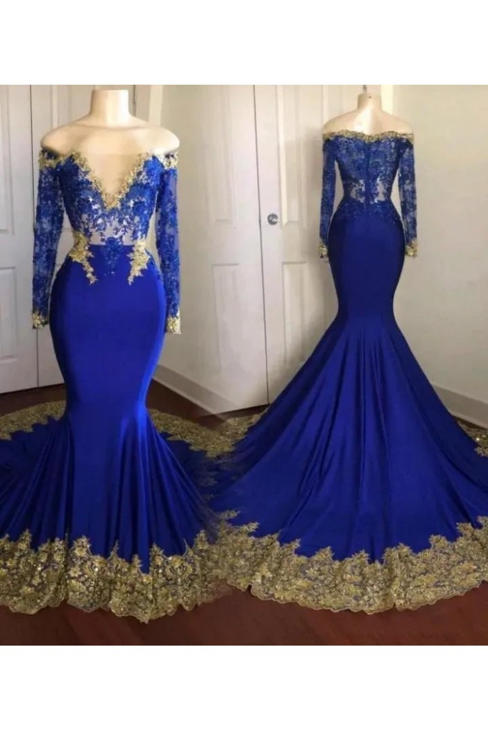 Mermaid Royal Blue Lace Long Prom Dresses 801147