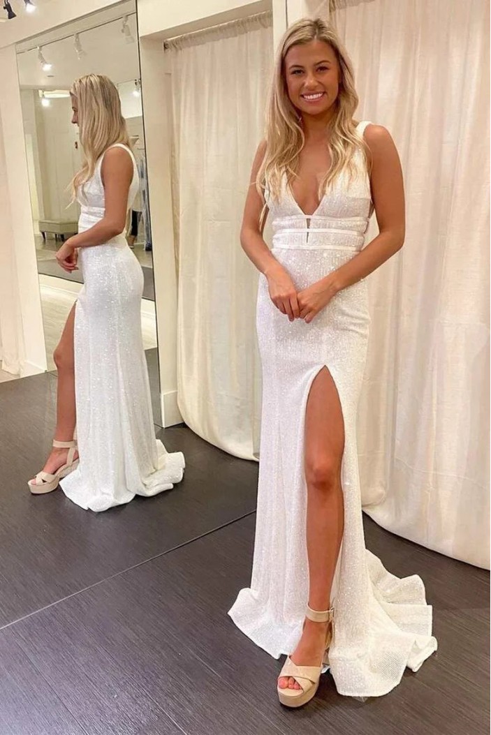 Long White Sparkle Sequin Prom Dresses 801161