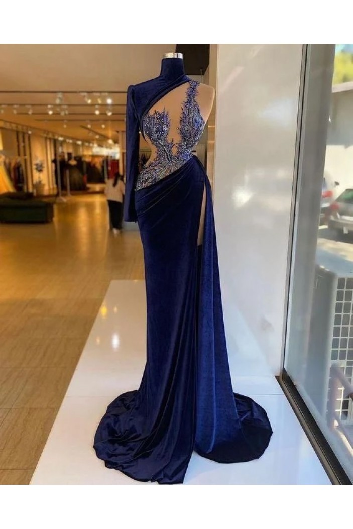 Mermaid Beaded Navy Blue Long Prom Dresses 801180